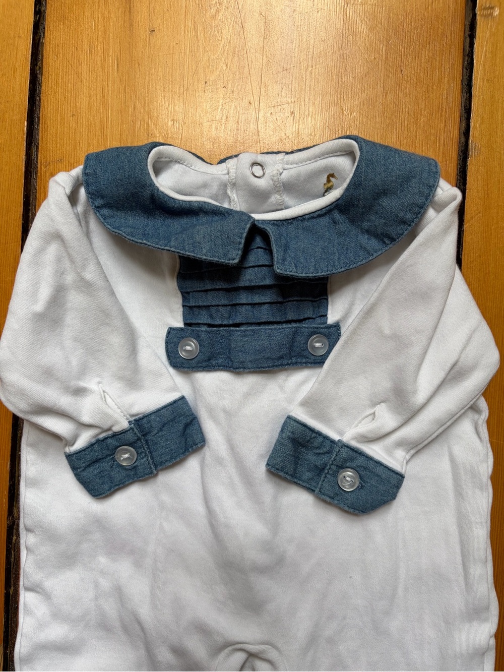 White and Blue French Trim Baby One-Piece Footed Romper for Newborn Photoshoots